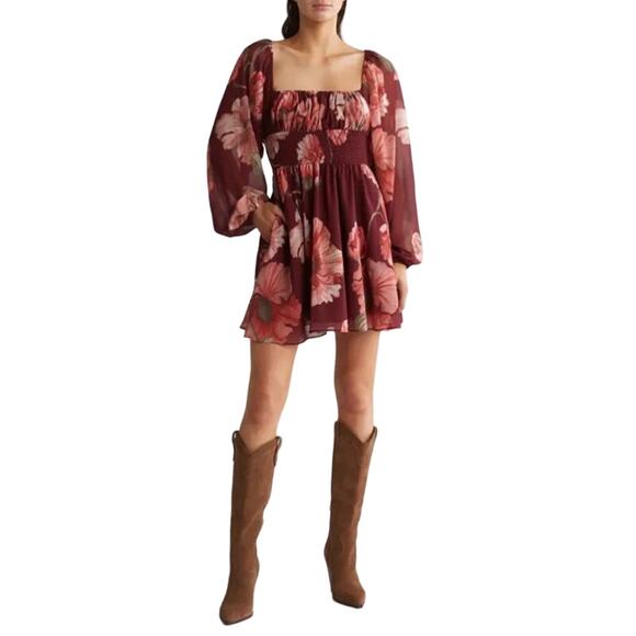 Hutch Bertie Maroon Floral Balloon Sleeve Smocked Waist Mini Dress Women's L NWT - Picture 1 of 7